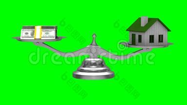 房子和钱的天平。 孤立的三维渲染。 绿色背景